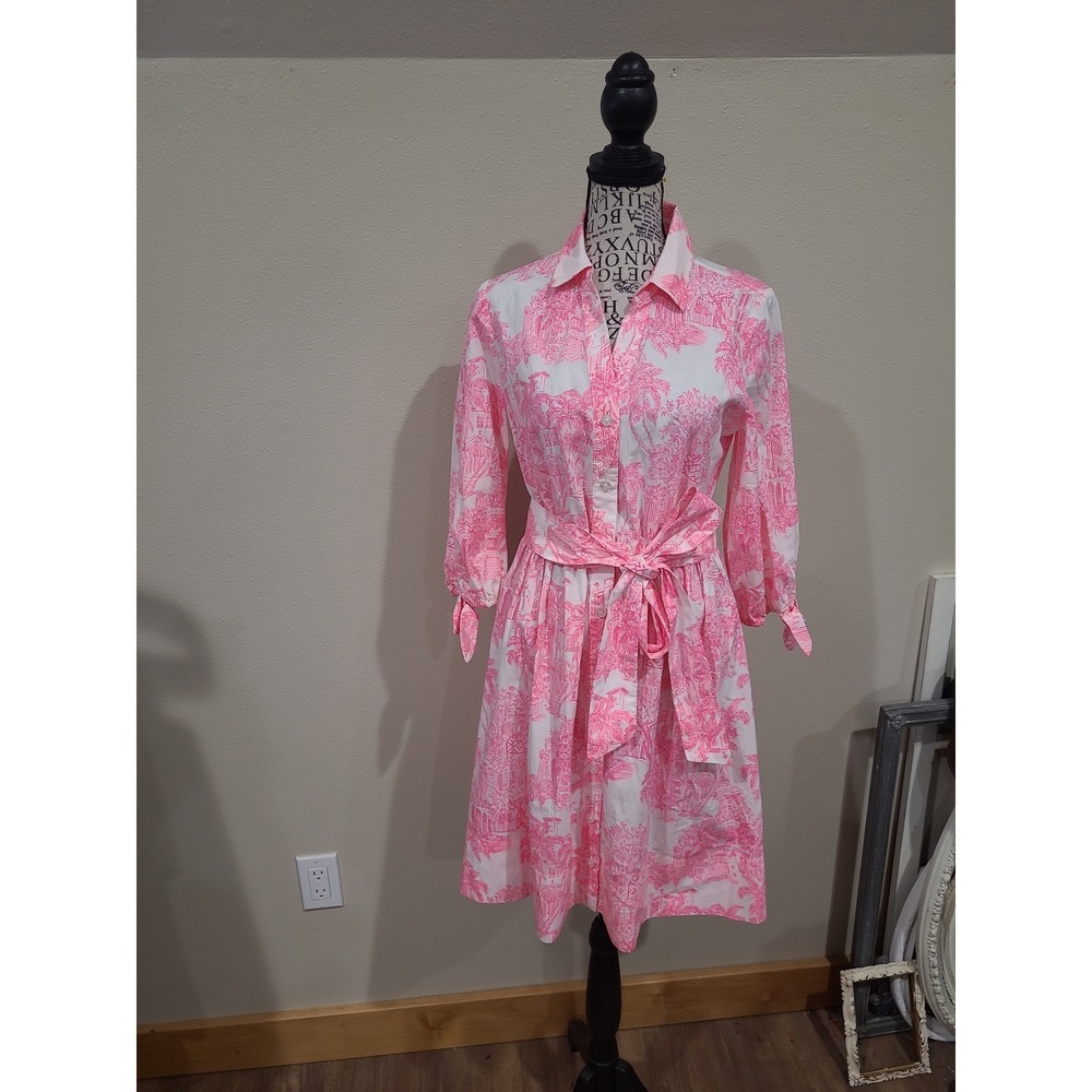 Lilly Pulitzer Amrita 3/4 Sleeve Cotton Shirtdress toille print Women SZ 0 vaca - Picture 2 of 12